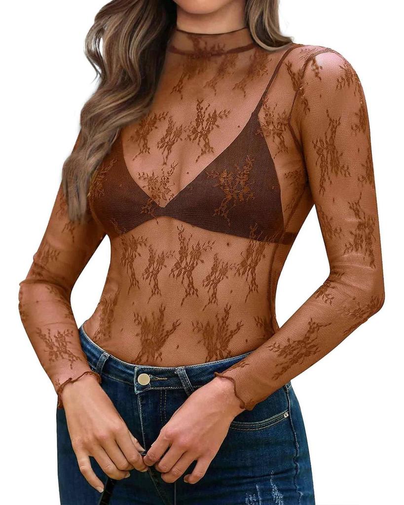 Neues Damen Halbhoher Kragen Durchsichtig Langarm T-Shirt und Sexy Tüll Top