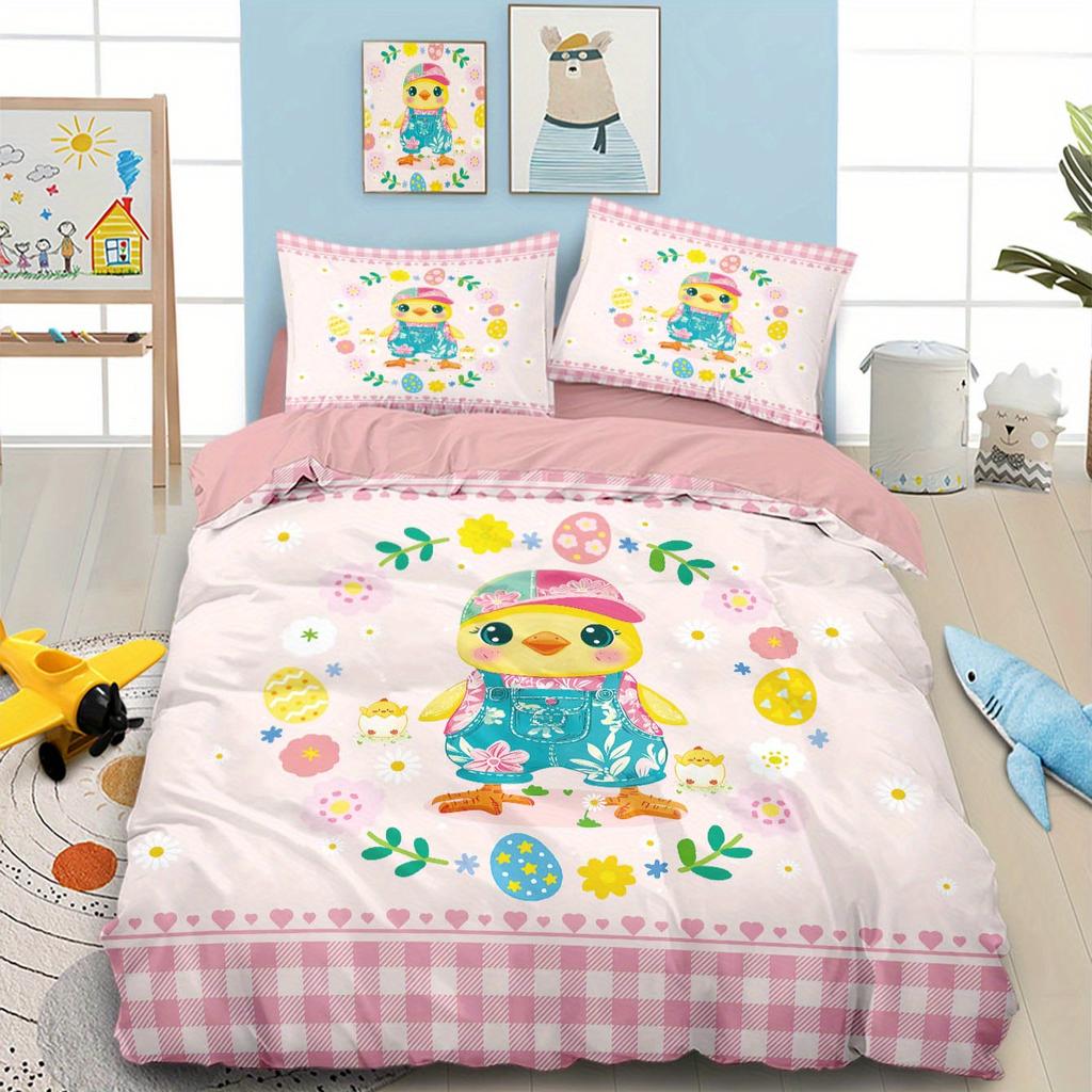 3pcs King Easter Cartoon Chicken Print Pattern Theme Duvet Cover Set, Queen, King, Double Bed, for Home,Hotel, Gift for Girl