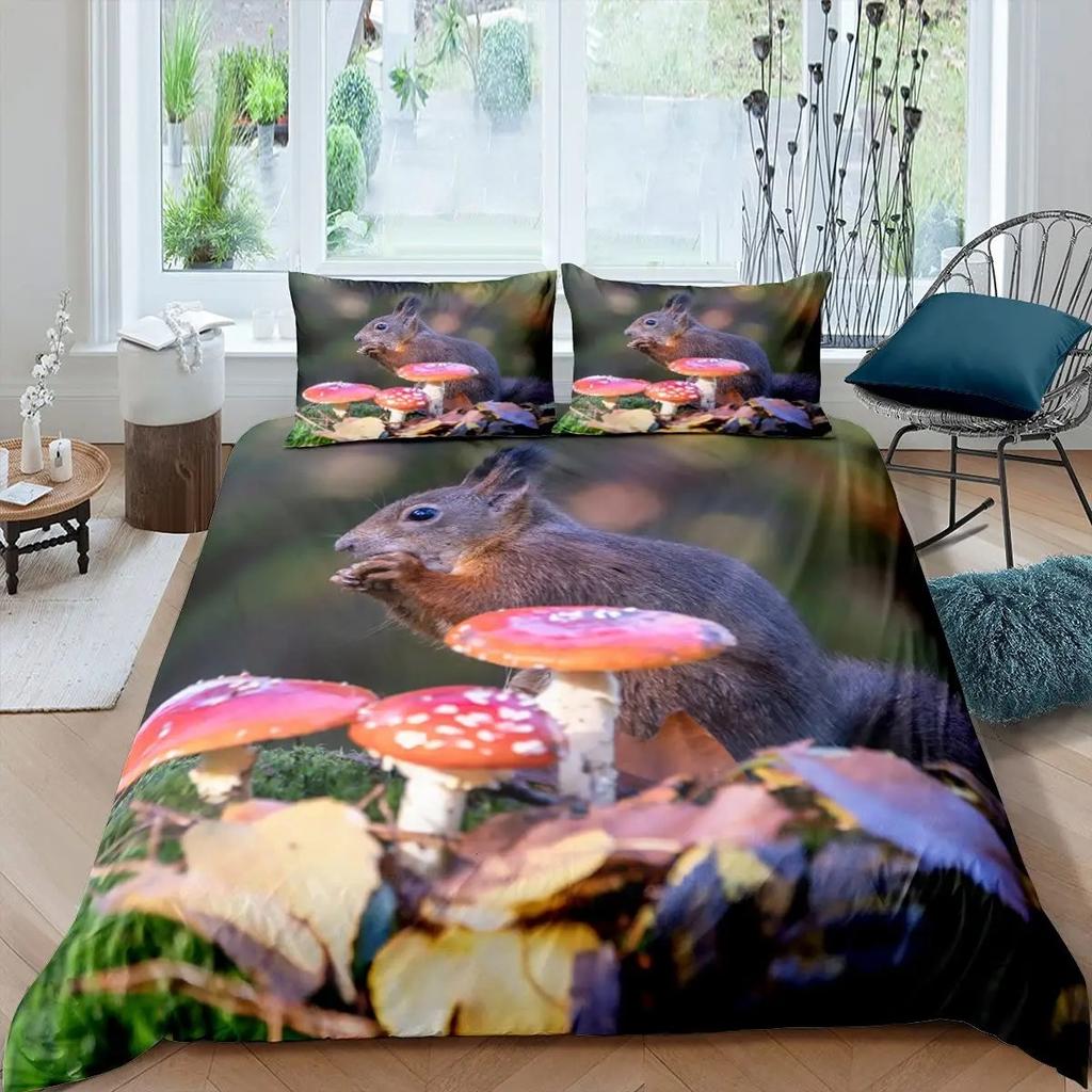 Cute Squirrel Duvet Cover Set Squirrel Bedding Sets 3D Animal Theme Comforter Cover For Boys Girls,Nature Theme Quilt Cover Set