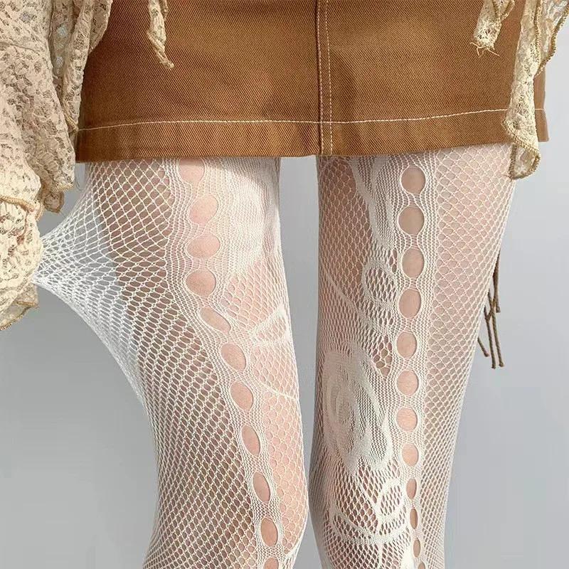 

French Romantic Hollow Mesh Tights women Sexy Broken Fishnet Rose Vine stockings Lace Sweet Cool Personality Jacquard Pantyhose One Size белый