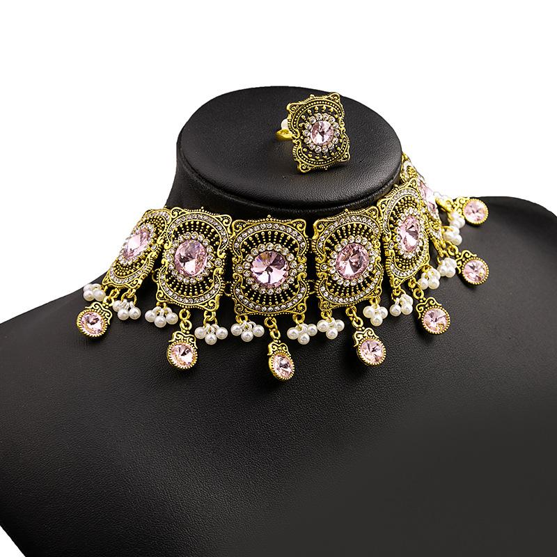 Retro Gemstone Necklace Ring Set, Metal Wind Gold Diamond Fringed Chain Exaggerated Temperament Accessories
