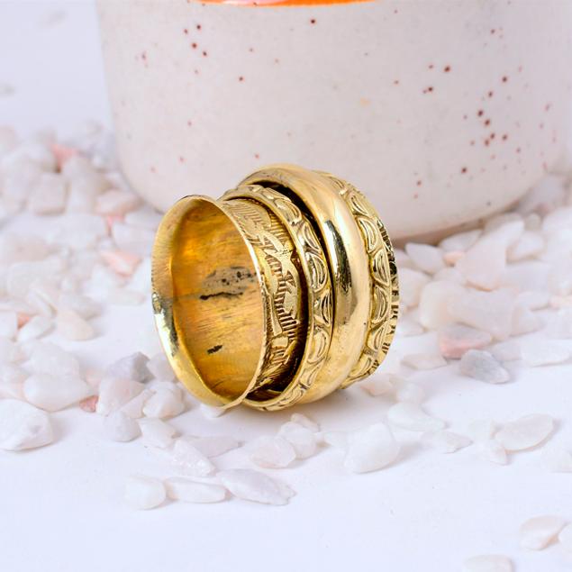 Stacked Brass Spinner Fidget Ring | Floral, Smooth, & Scalloped Bands | Unique Anxiety Relief Statement Jewelry