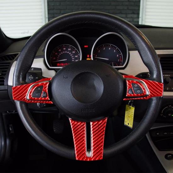 5Pcs Red Carbon Fiber Steering Wheel Kit Cover Trim For BMW Z4 E85 2003-2008