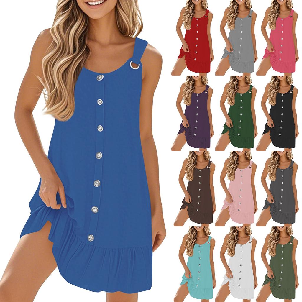 Women's Casual Sleeveless Button-down Trim Pleated Color Dress
