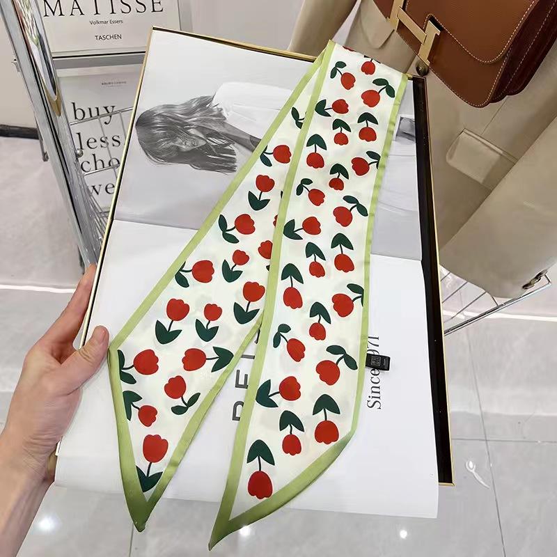 Small White And Tender Green Silk Scarf For Women, Thin Streamer, Headband, Hair Tie, Bag Decoration Long