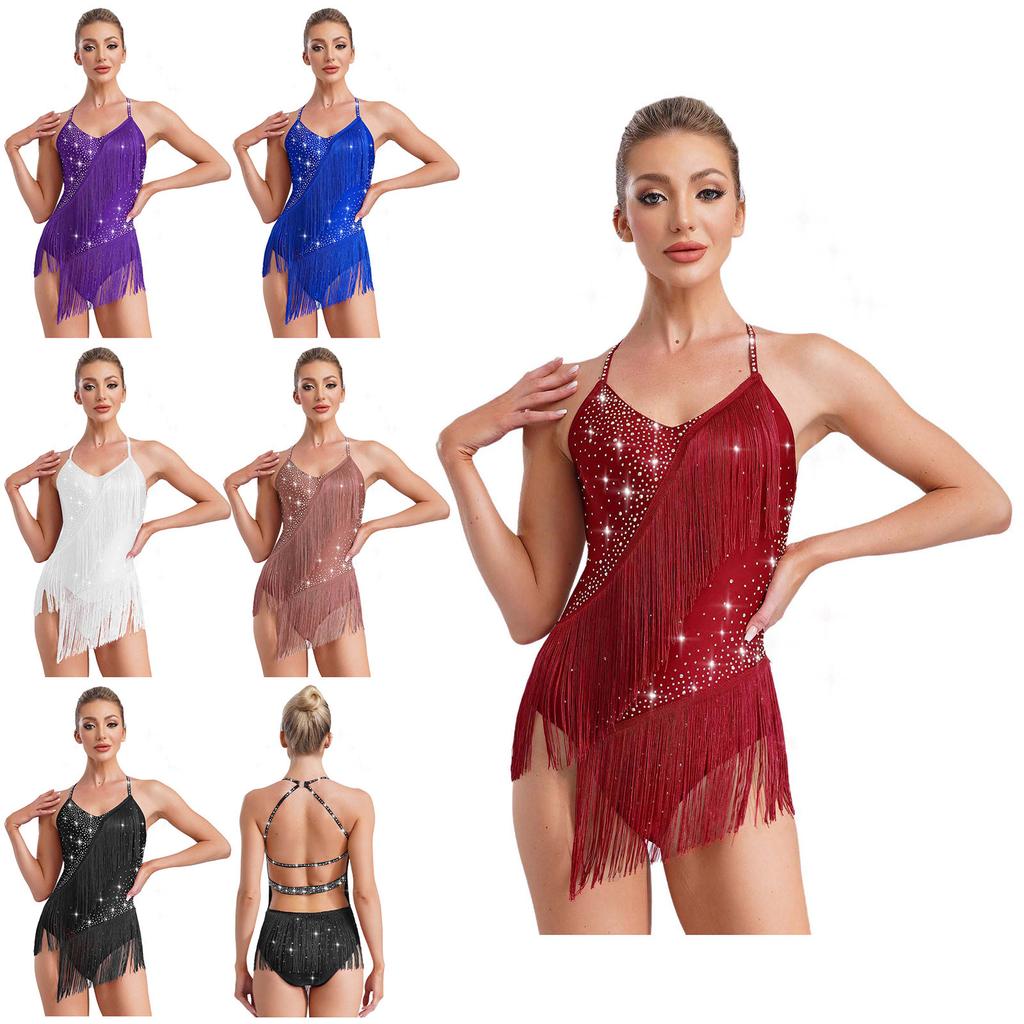 Women's Rhinestones Tassel Latin Dance Leotard Sleeveless Halter Neck Fringe Bodysuit Latin Jazz Costume