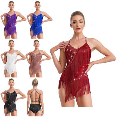 Women Latin Dance Leotard Sleeveless Halter Neck Rhinestones Tassels Backless Competition Performance Costume