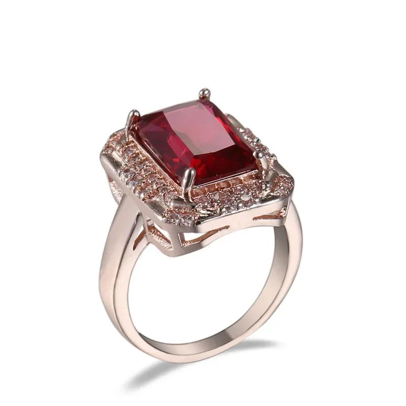 Classic Square Ring For Women 100% Natural Red Crystal Stone 1.3ct Real Rose Gold Color Wedding Engagement  Lady Gift