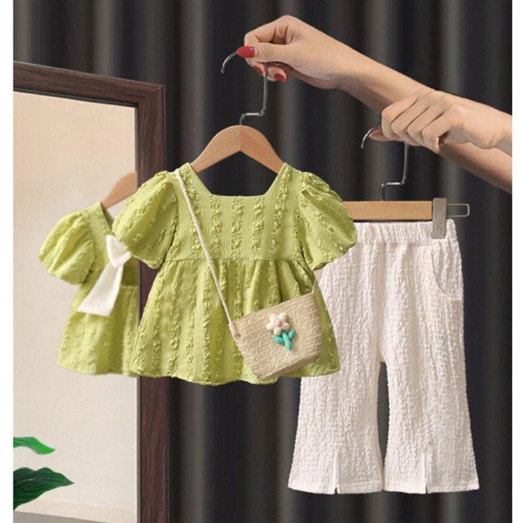 Girls Summer Pastoral Two Piece Set Short Sleeve Doll Shirt With Cropped Pants Casual Outfit For Kids 90
