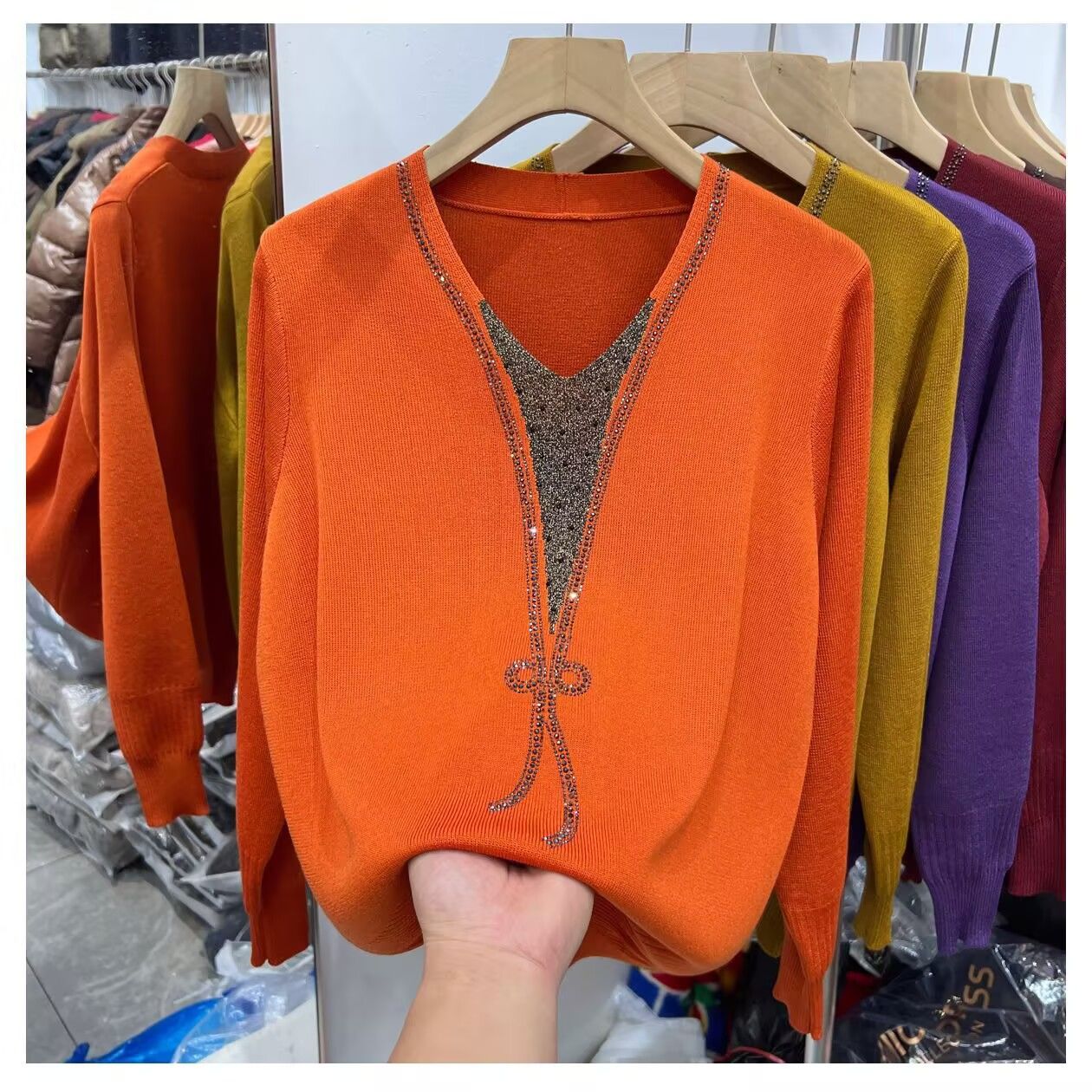 

Stretch Knit Sweater Tops Loose Long-sleeved Sweaters Fashion Bottoming S помаранчевий