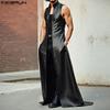 INCERUN Men Stand Collar Sleeveless PU Open Front Faux Leather Long Maxi Cardigan Coats