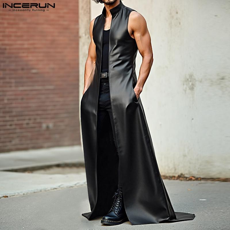 INCERUN Men Stand Collar Sleeveless PU Open Front Faux Leather Long Maxi Cardigan Coats