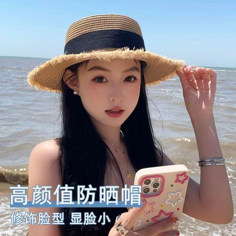 Straw hat seaside beach summer sun hat bow flat top hat sun hat rough edge vacation shade sun protection