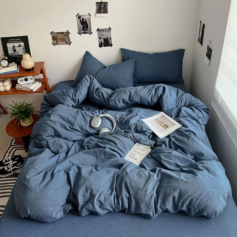 Washed Cotton Bedding Set Solid Color Brushed Bed Sheets Dorm Home