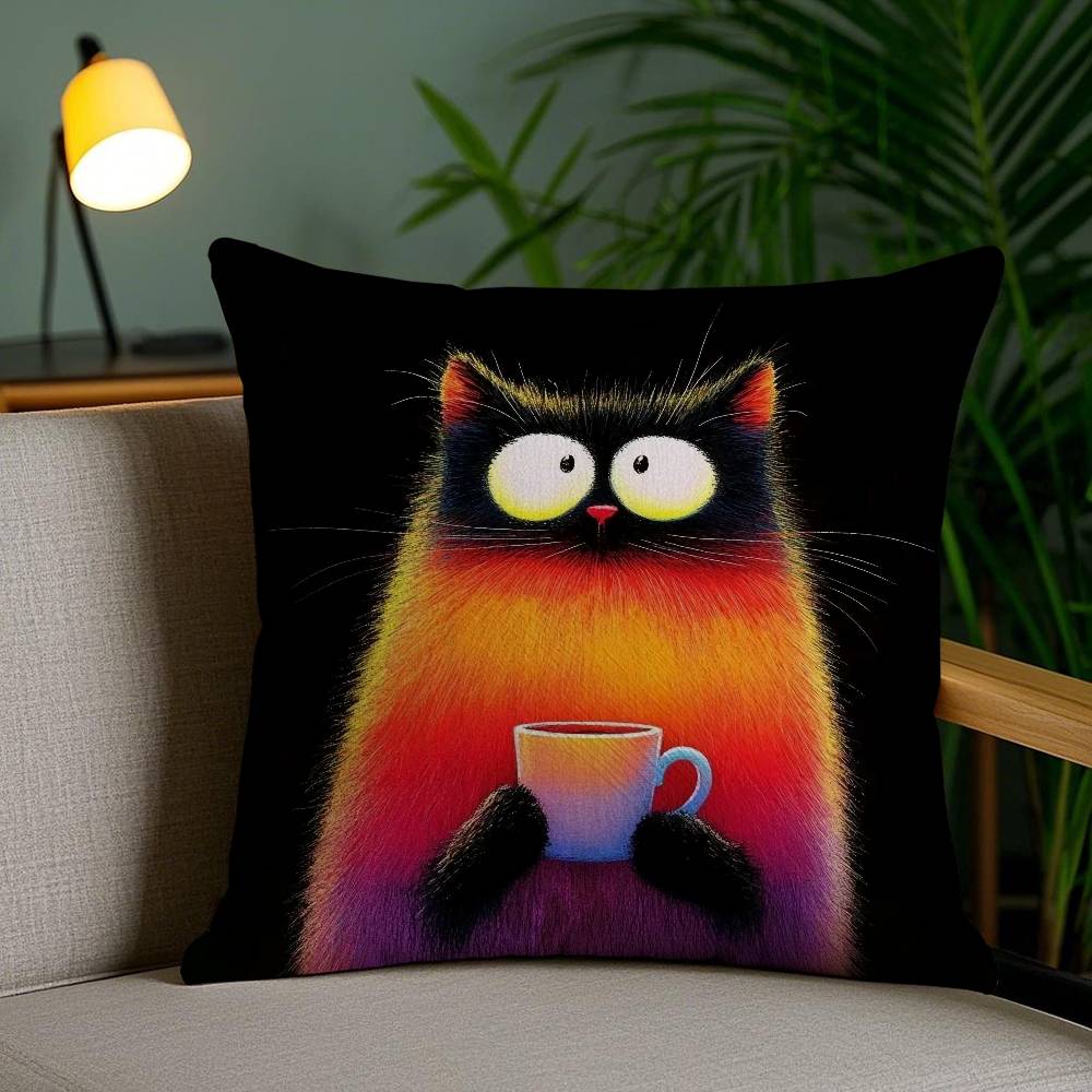 Simple Cartoon Furry Cat Pattern Pillow Case Anti-dustmite Pillowcase Invisible Zipper Silky Short Plush Sofa Cushion Cover