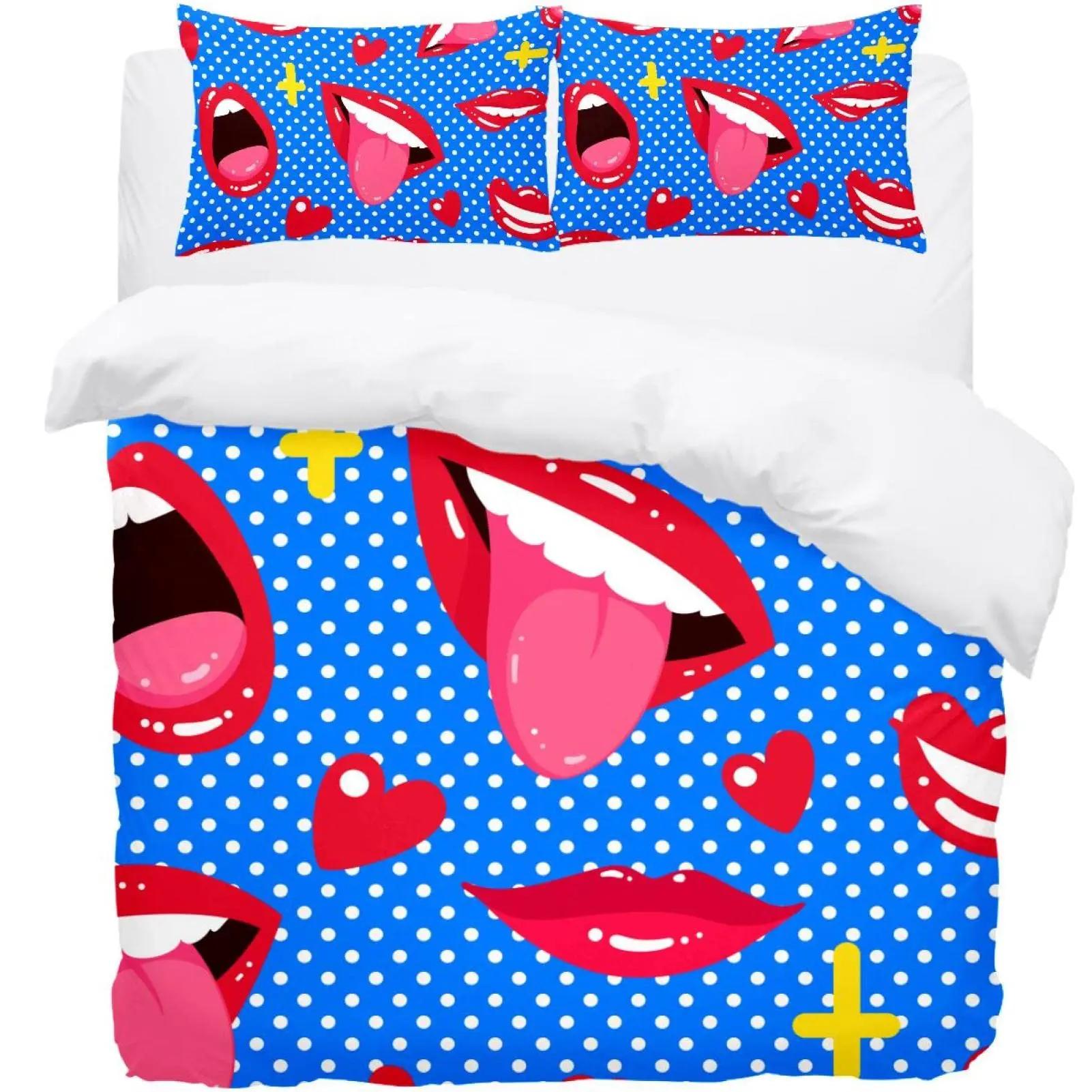 

Red Lip King Queen Duvet Cover 3D Mouth Pattern Bedding Set For Adult Couples Lipstick Black Golden 2/3Pcs Polyester Quilt Cover EU Single(135*200cm)3pcs