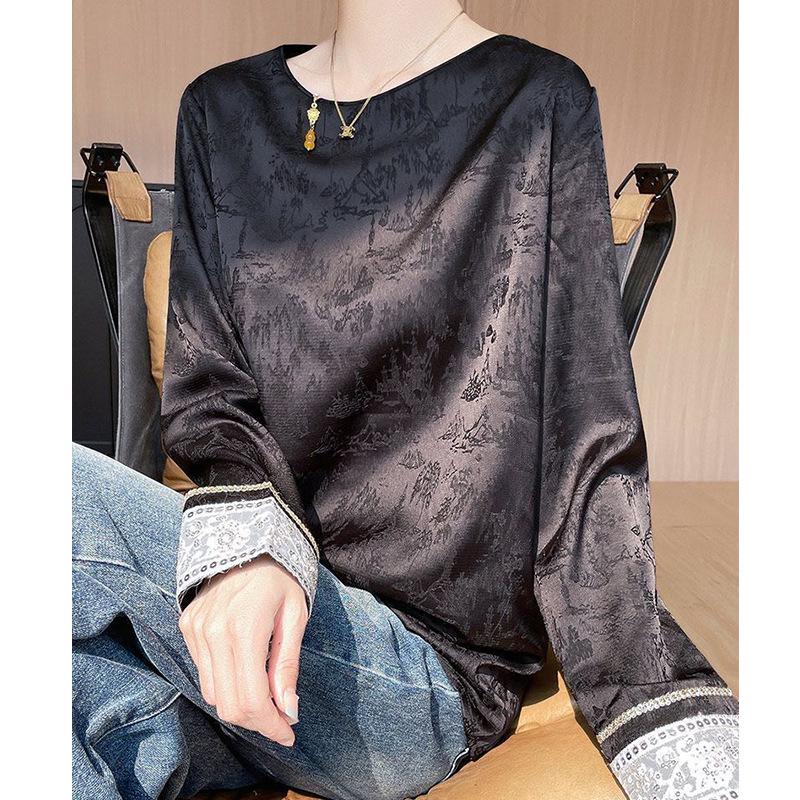 Spring New Heavy Embroidery Jacquard Long Sleeve Retro Chinese Style Round Neck Plus Size Women's Top