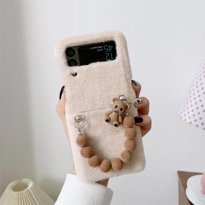 Applicable To Samsung ZFlip3 Autumn and Winter Plush Mobile Phone Case Zflip4 Bear Bracelet Fluff Case Protective Case Zflip4
