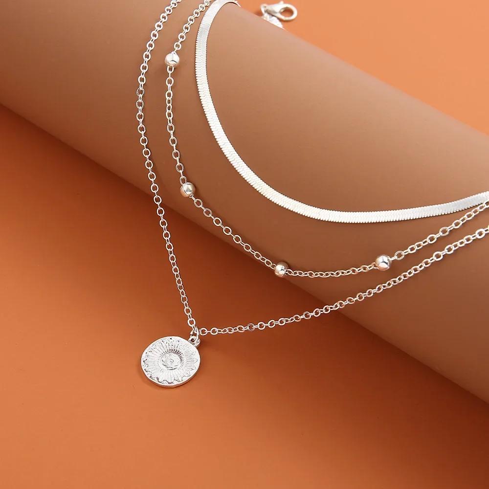 925 Silver Three Layer Necklace Women Simple Snake Chain Charm Ball Party Gift Exquisite Jewelry