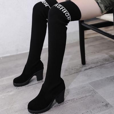 2024 Neue Schwarze Damen-Sockenstiefel Damen Winter Absatzschuhe Über dem Knie Oberschenkelhoch Absatzstiefel Weiblich Frau Outdoor-Stiefel