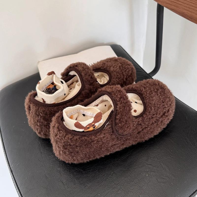 Hässliche und niedliche Mary Jane Schuhe mit Leopardenmuster aus flauschigem Material für Damen zum Tragen im Herbst und Winter, Retro-Samt-Bohnen-Baumwollschuhe mit flachem Boden