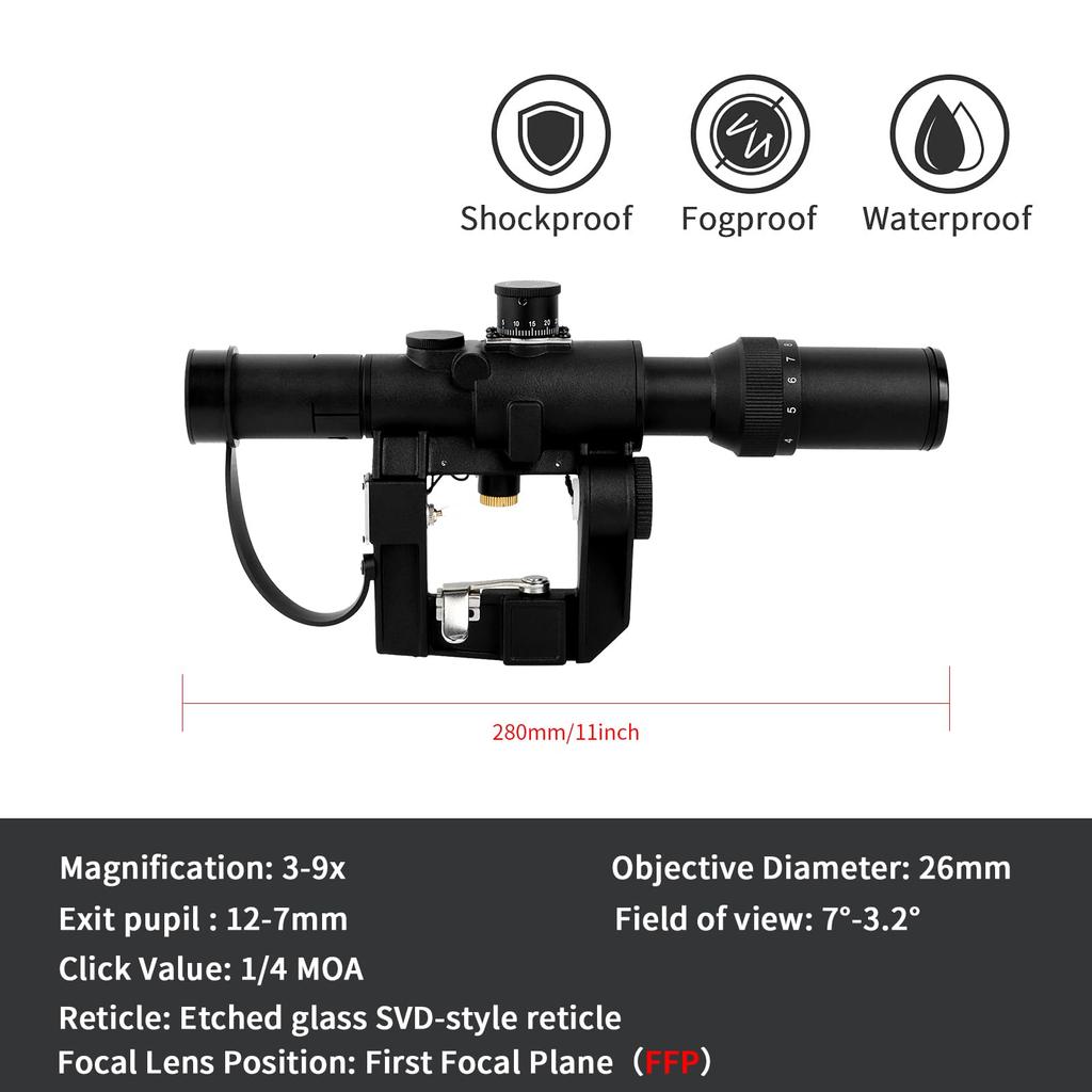 FOCUHUNTER 3-9X26 SVD Zielfernrohr für Dragunov AK, FFP, Taktisches Zielfernrohr, Erste Bildebene, Seitenmontage, PSO-1 SchwarzRotes Absehen, Ausziehbare Sonnenblende,