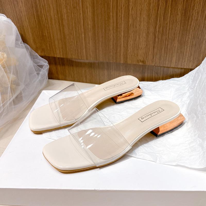 Transparent high-heeled one-word cool slippers women's summer outer wear fashionable new crystal thick-heeled sandals versatile and semi-mop