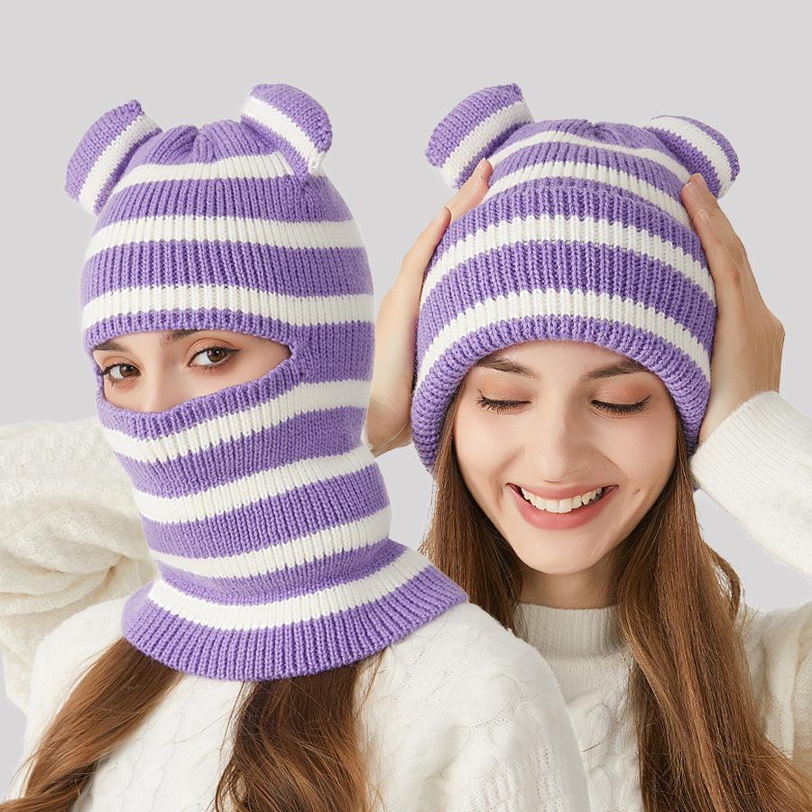 

Полосатая вязаная шапка с одним корпусом для мужчин и женщин, зимняя теплая шапка с рукавами фиолетовый