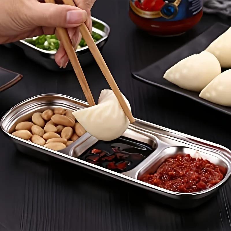 1PC Stainless Steel Sauce Dish, Divided Seasoning Sauce Dip Bowl, Korean Ketchup Sauce Bowl, Vinegar Soy Spice Condiment Tray