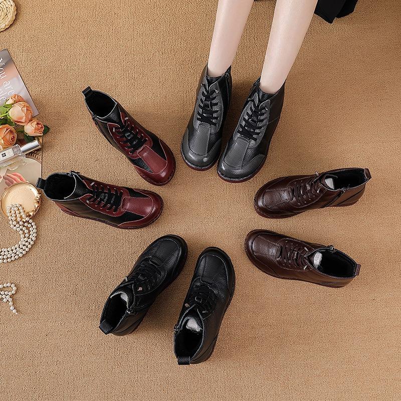 New winter leather velvet warm snow boots non-slip soft sole low heel women's cotton shoes short boots women