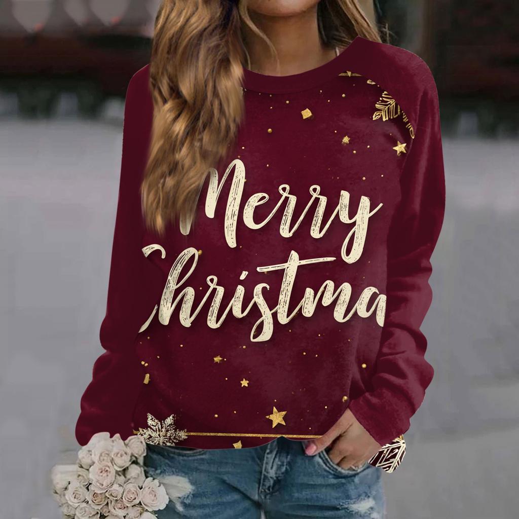 Women's Fashion Casual Long Sleeve Christmas Printed  Neck Sweatshirt Top
