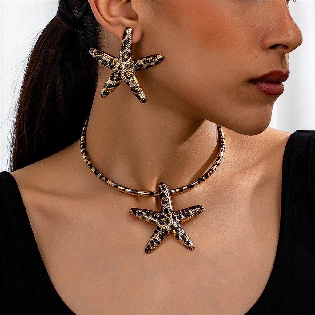 Stylish Leopard Pattern Starfish Necklace and Earring Trendy Women's Jewelry Set Elegant Accessories for Beach Vacations