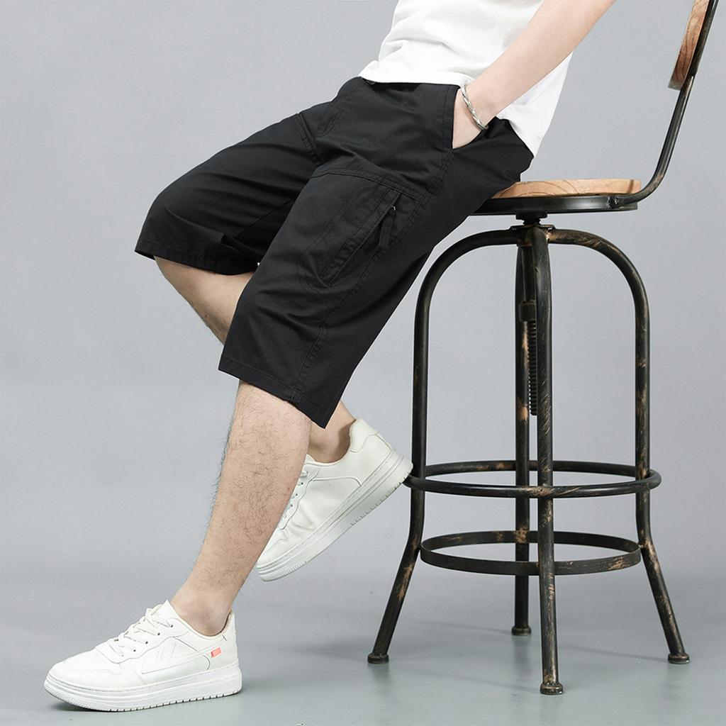 Men's Loose Fit Cargo Shorts with Multiple Pockets Drawstring Waist Casual Knee Length Cotton Shorts for Daily Wear