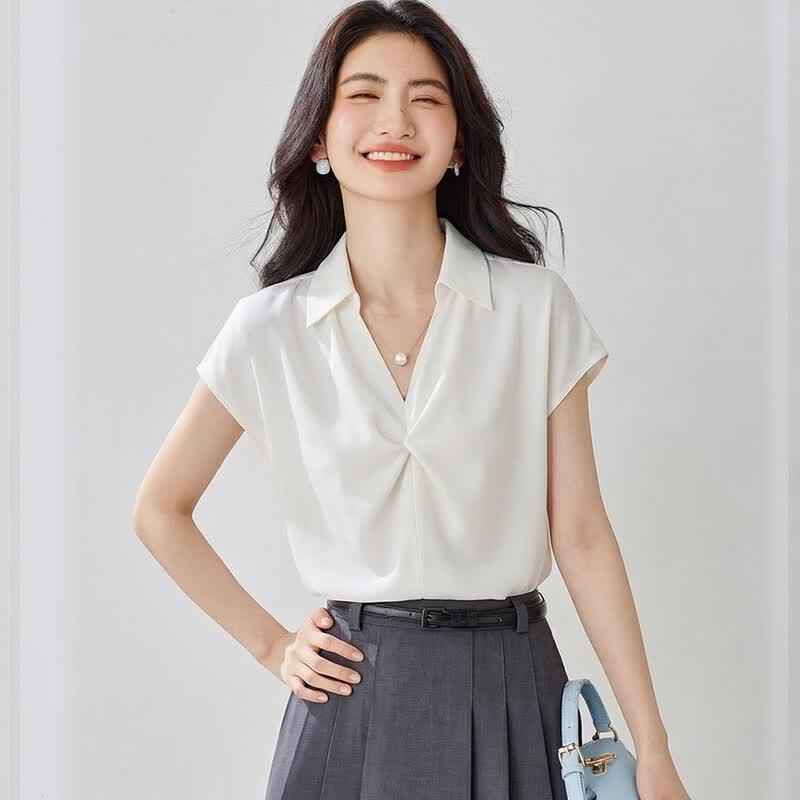 La Chapelle French Commuter Style Pearl Chain Short Sleeve Blouse L