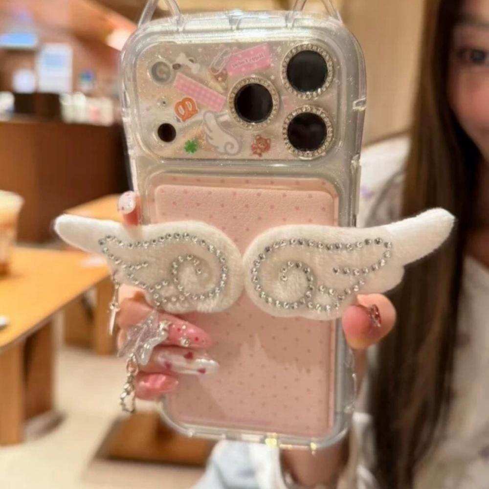 ins girl heart plush angel wings for apple 17 mobile phone case 17promax new iphone16pro women's 15 leather hard case