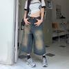 Retro Washed Distressed Wide Leg 7/8 Jeans - Unisex High Street Loose and Straight Mid-Length Shorts for Spring/Summer.