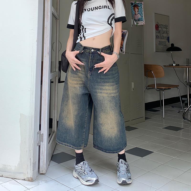 Retro Washed Distressed Wide Leg 7/8 Jeans - Unisex High Street Loose and Straight Mid-Length Shorts for Spring/Summer.