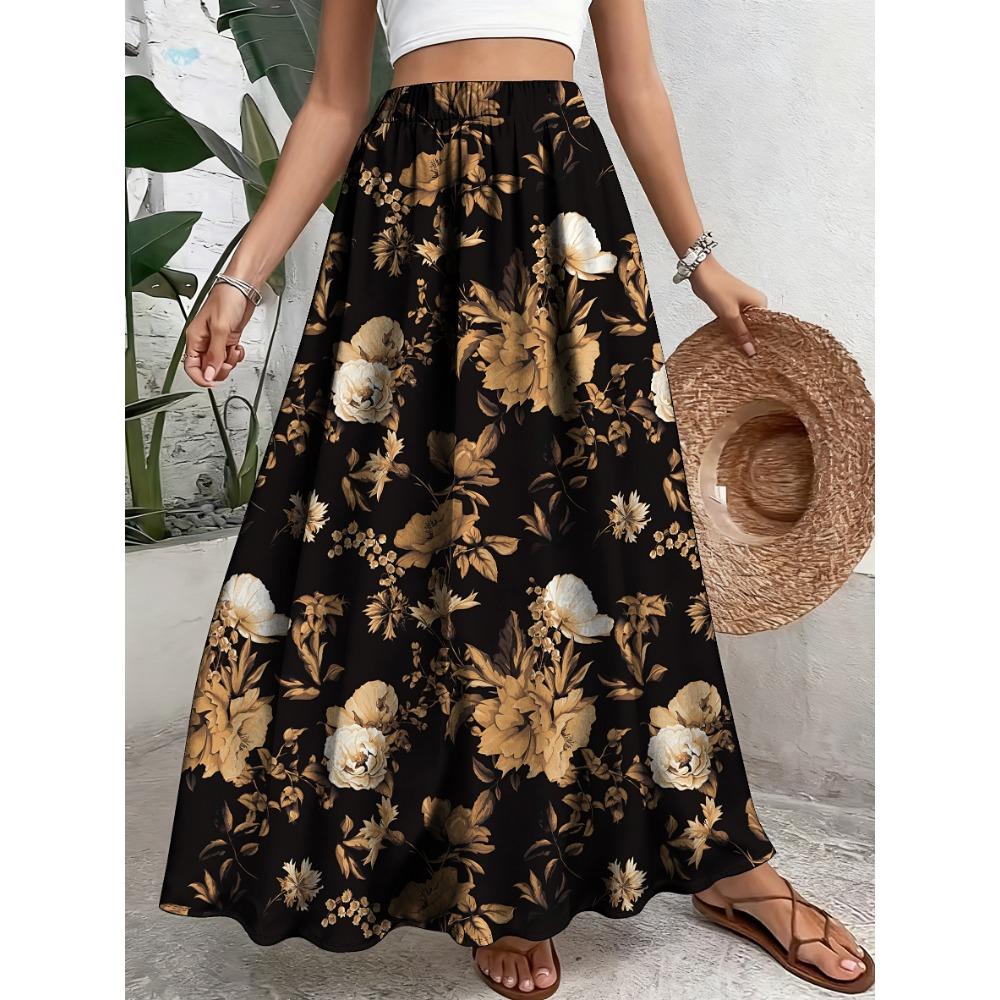 Plus Size, Elegant Floral Print Polyester Skirt - Casual A-Line, Non-Stretch Fabric, with Elastic Waistband and Ruffled Hem