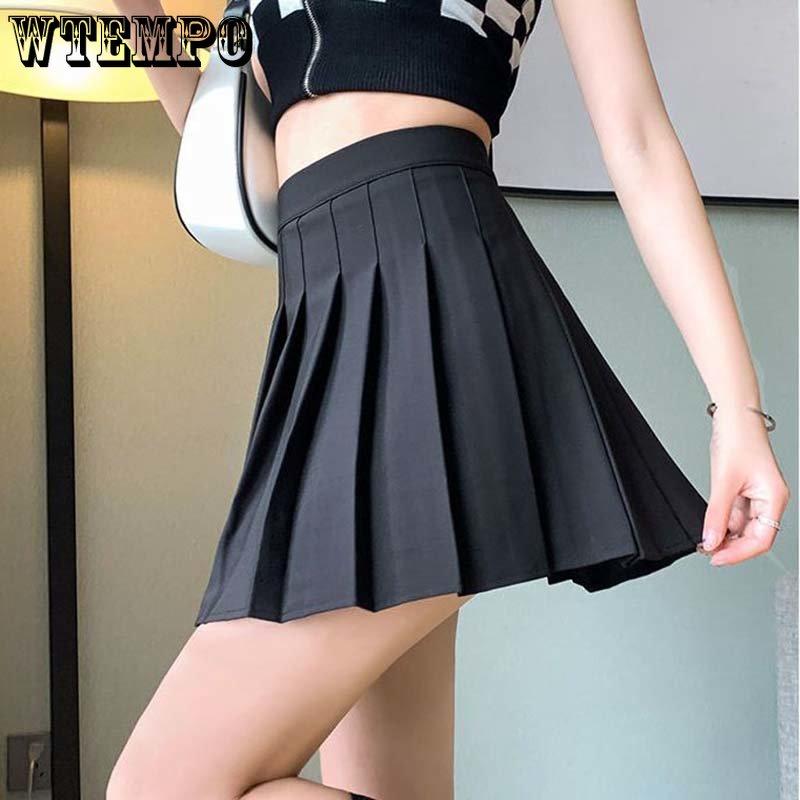 Pleated Skirt A-line High Waist Women Back Zipper Built-in Anti-light Safety Pants Slim Black Grey Hotswet Preppy Style Casual