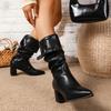 Fashion Women's Pointy Pleated Ankle Boots Fashion Square Heels Booties Woman Autumn New Fashion Pu Leather Chunky Heel Knee Botas Mujer