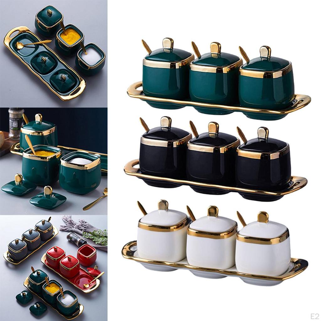 3 Pack Ceramic Spice containers, Container Set, Condiment Pots Set,Seasoning Box with Porcelain