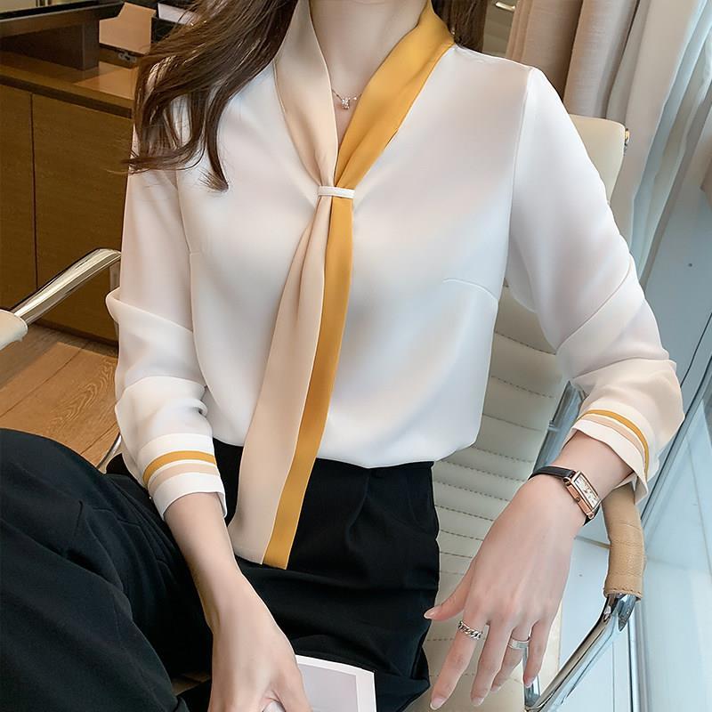 Women's Professional Shirt with A Retro Sense of Design Suit Collar Tie-up Chiffon Long Sleeves Stylish Inner Layering Base Shirt Top