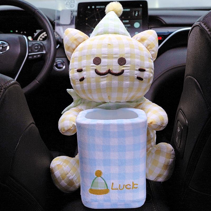 

Cat Pattern Car Tissue Box Soft Stuffed Plush Toys Cute Kitten Grid Lines Plushies Dolls Storage Boxes Essential Car Gifts 35CM