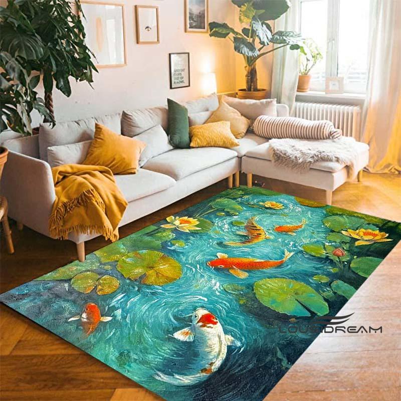Tappeto Cartoon Lussuoso Pesce Koi Fortunato Yin Yang Carpa per Camera da Letto Soggiorno Divano Tappetino d'Ingresso Casa, Tappetino Pavimento Grande Antiscivolo per Bambini