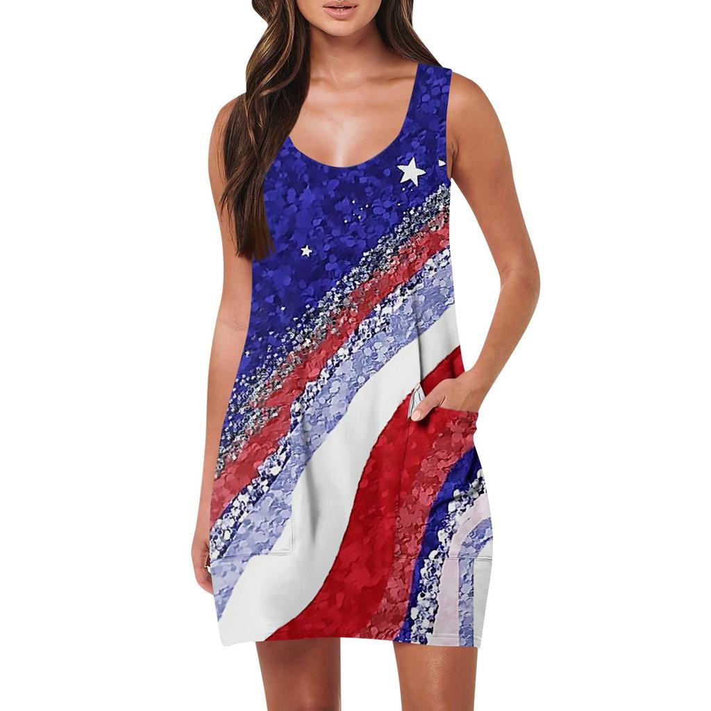 Damen Sommer Freizeitmode Ärmelloses Tanktop Tasche Strand Unabhängigkeitstag Bedruckte Kleider