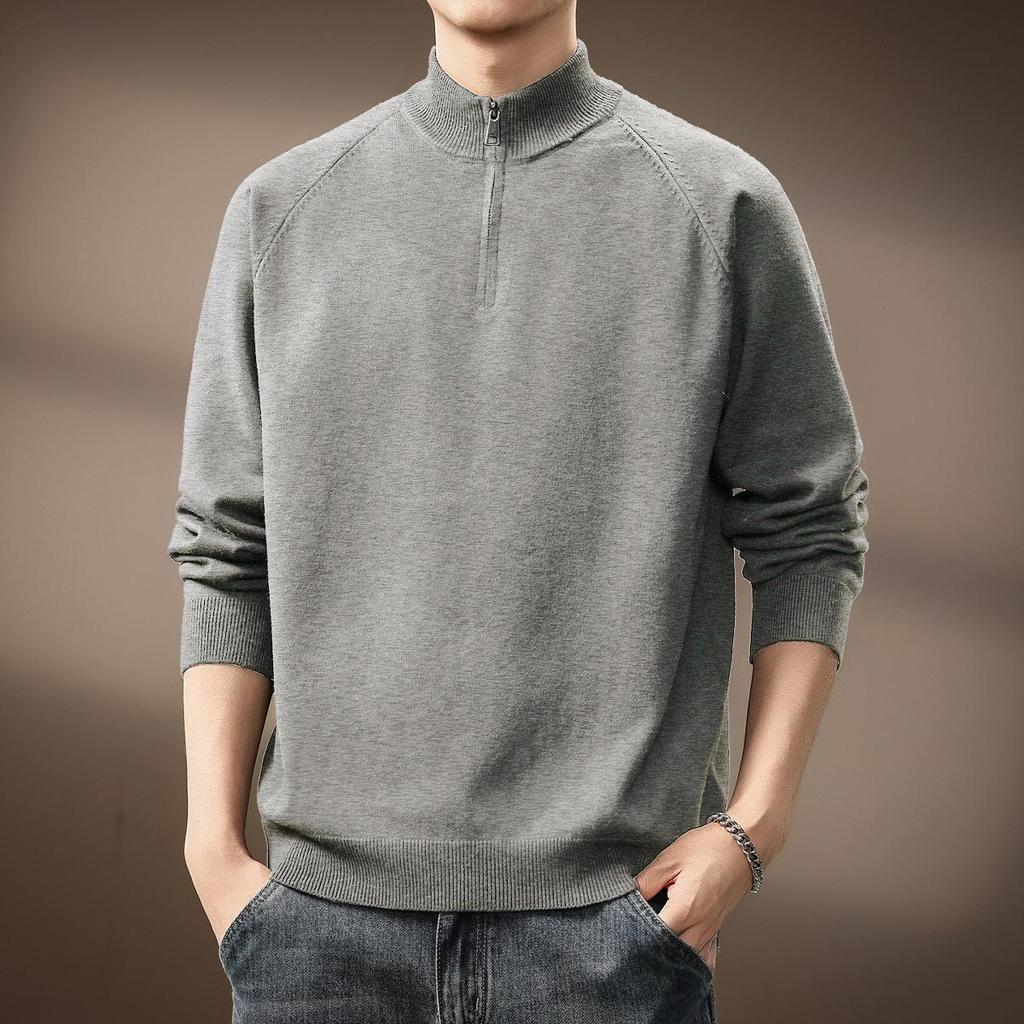 Men's High-End Half-Zip Stand Collar Knit Sweater - Autumn/Winter Korean Style Solid Color Casual Base Layer Top