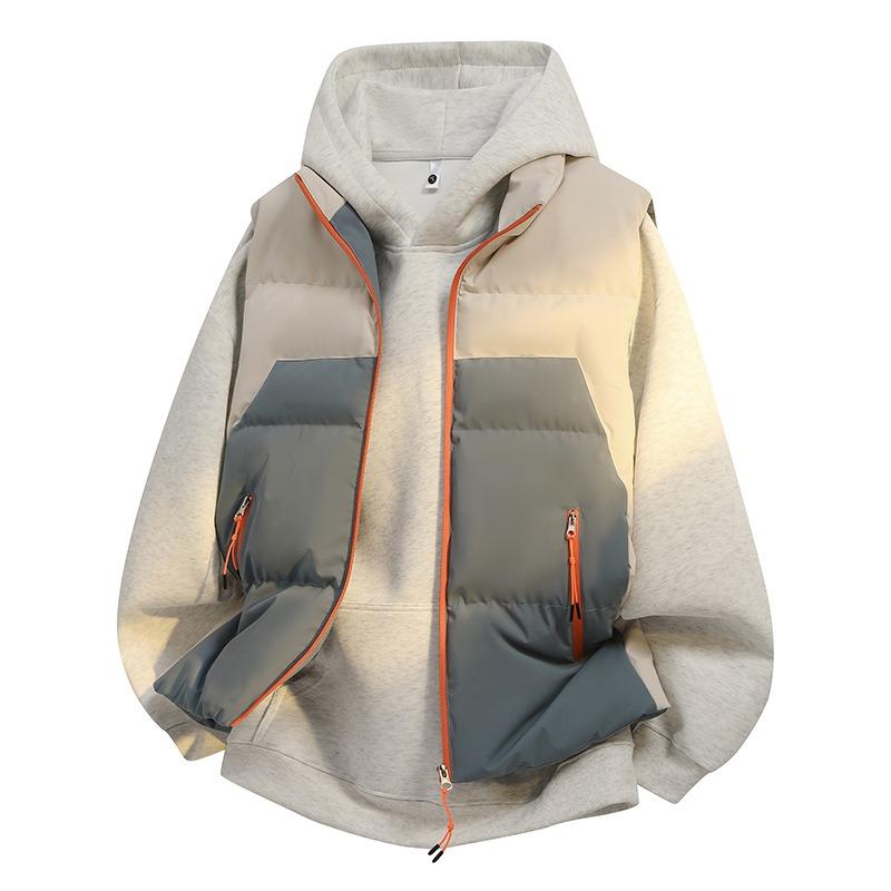 

Контрастна безрукавка для чоловіків Осінь та Зима Кишеня на блискавці Високий комір Кардиган Модна повсякденна жилетка Топ L бежевий