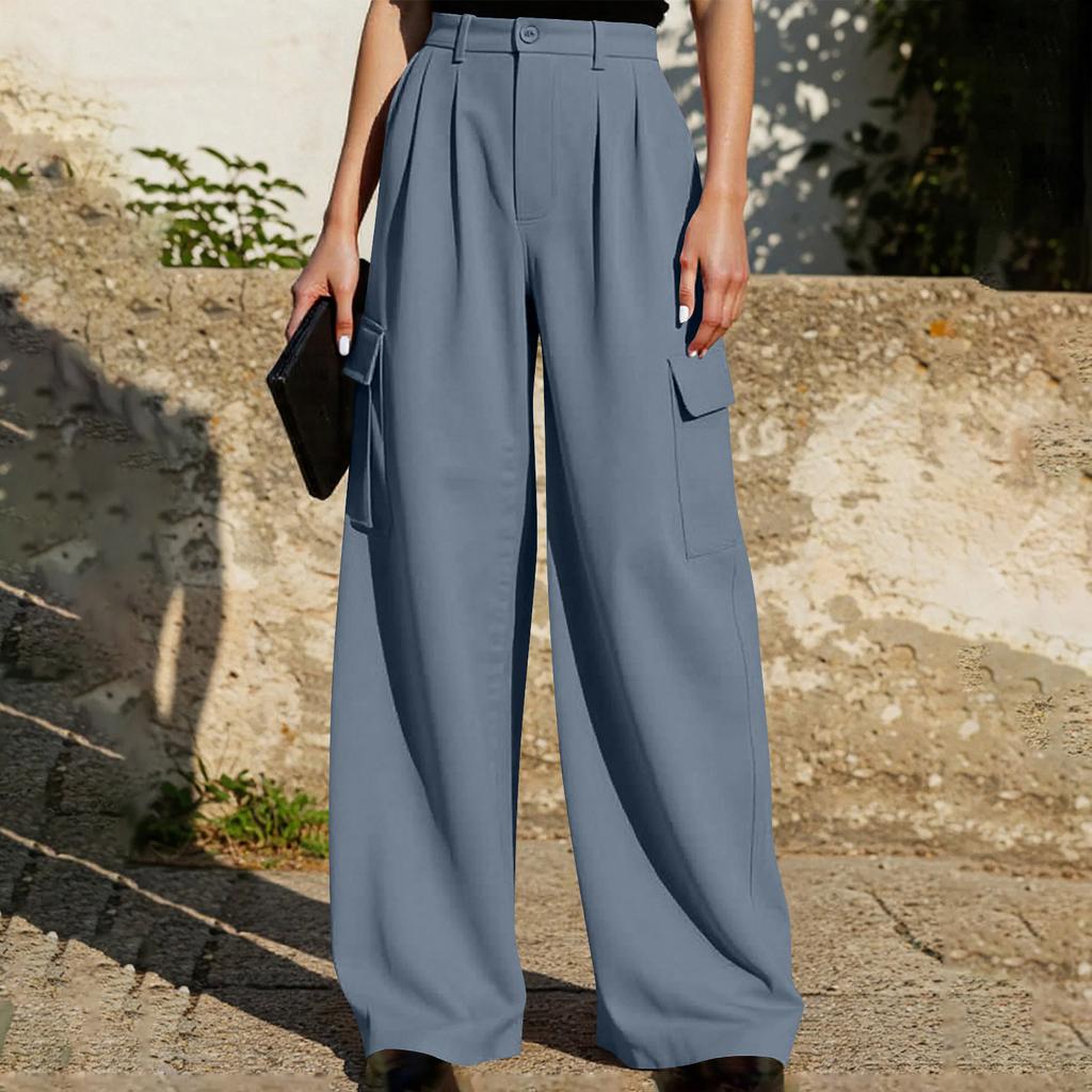 Pantalon Décontracté Large pour Femme Taille Haute Fermeture Boutonnée Poches Style Cargo Coupe Ample Pantalon Convient pour un Usage Quotidien et le Bureau