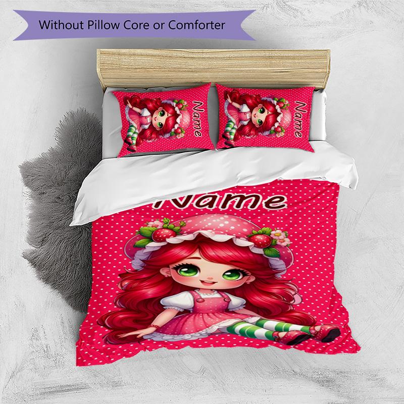 3pcs Strawberry Princess2 Cover Set - Personalized Name, HD Printed Bedding with 1 Cover and 2 Pillowcases - Perfect for Home Decor, Easy Care