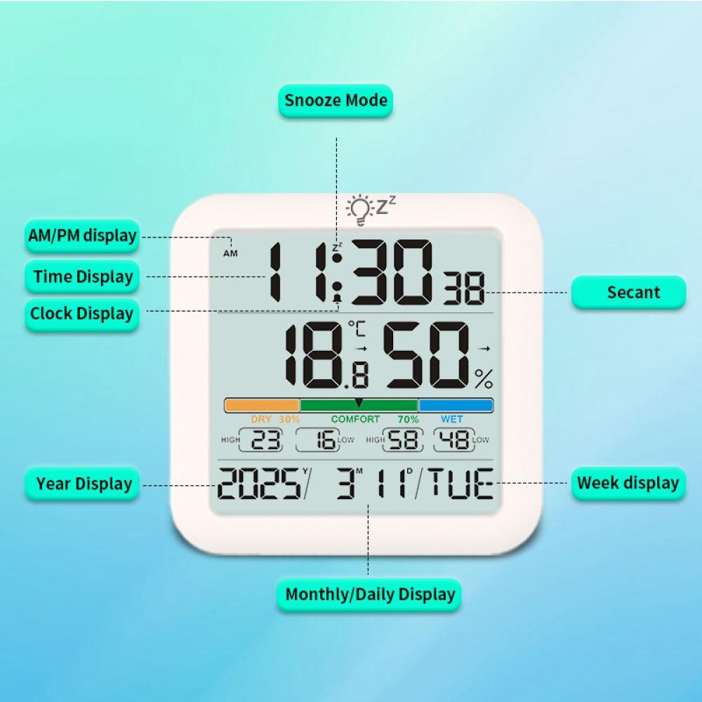 Backlit Large Digital Display Thermometer Hygrometer With Alarm Calendar Function Humidity Meter ℃/℉ Switching Temperature Gauge